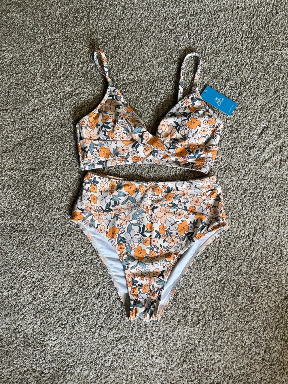 Cupshe Floral High-Waist Two-Piece Swim Set - Orange Floral
